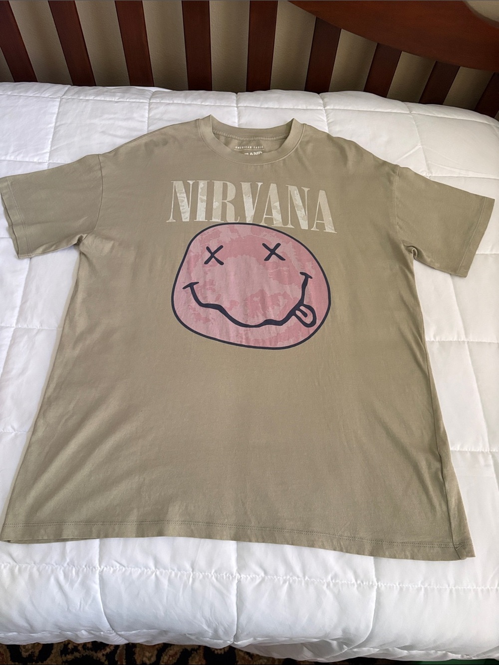 NIRVANA Olive Tee with Pink Smiley Logo oversized XS/S - Picture 2 of 4